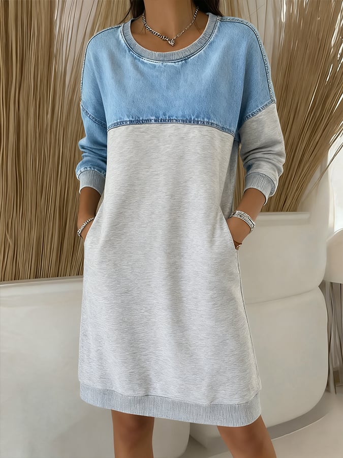 Women's Spliced casual Denim Sweatshirt Dress