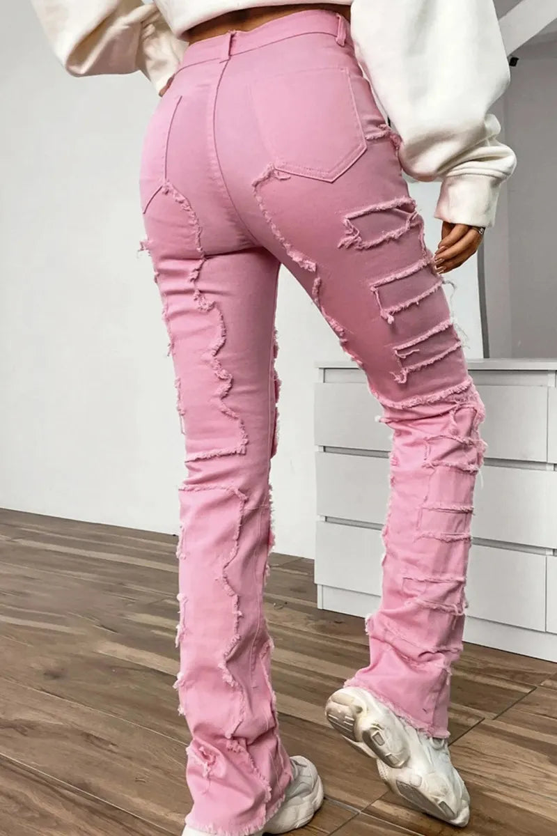 Women's Street Style Distressed Raw Hem Layered Patchwork Jeans