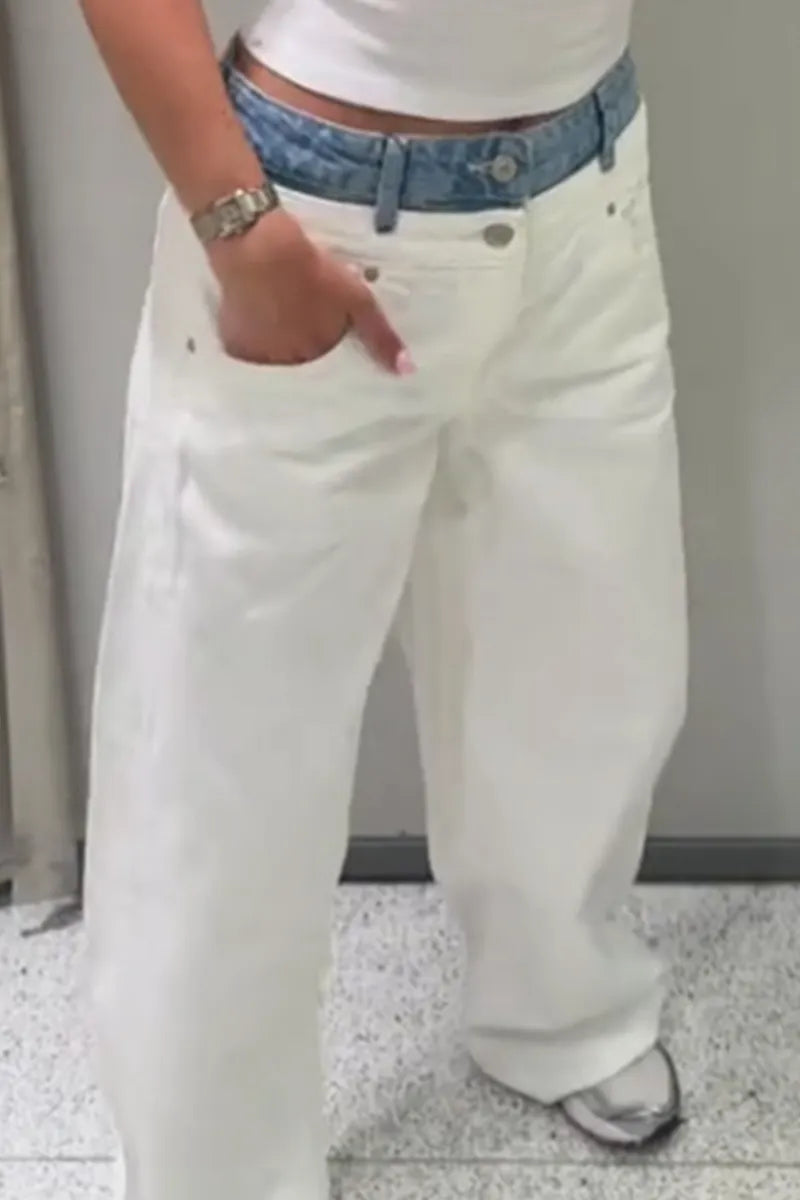 Women's Casual Color Blocked Wide Leg Jeans With Pockets