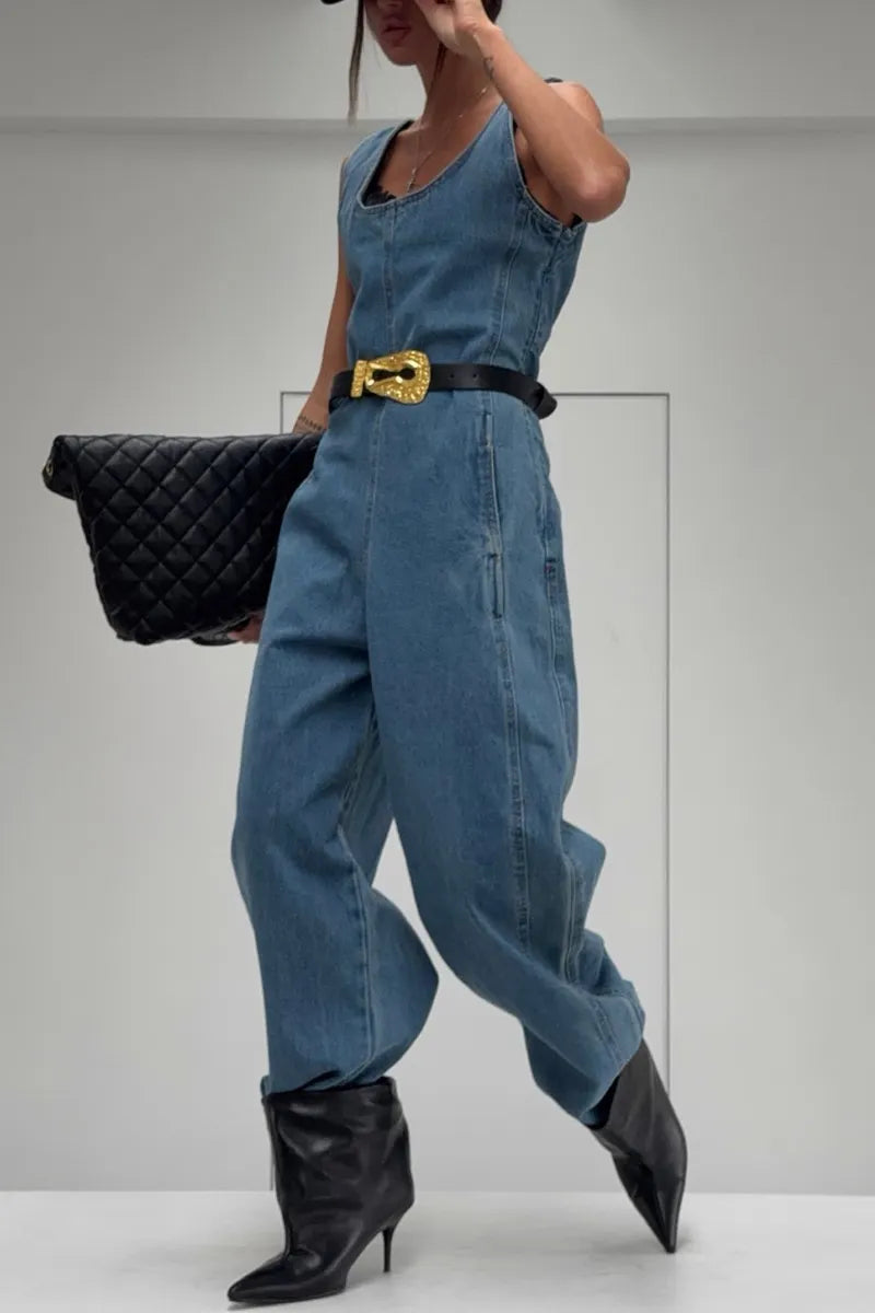 Women's Casual Denim Jumpsuit with Barrel Leg & Pockets