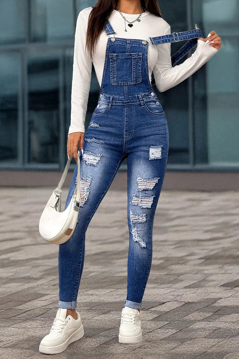 Women's Stretch Slim-Fit Ripped Denim Overalls