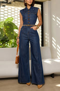 Women's Simple Commuter Button Front Sleeveless Denim Jumpsuit