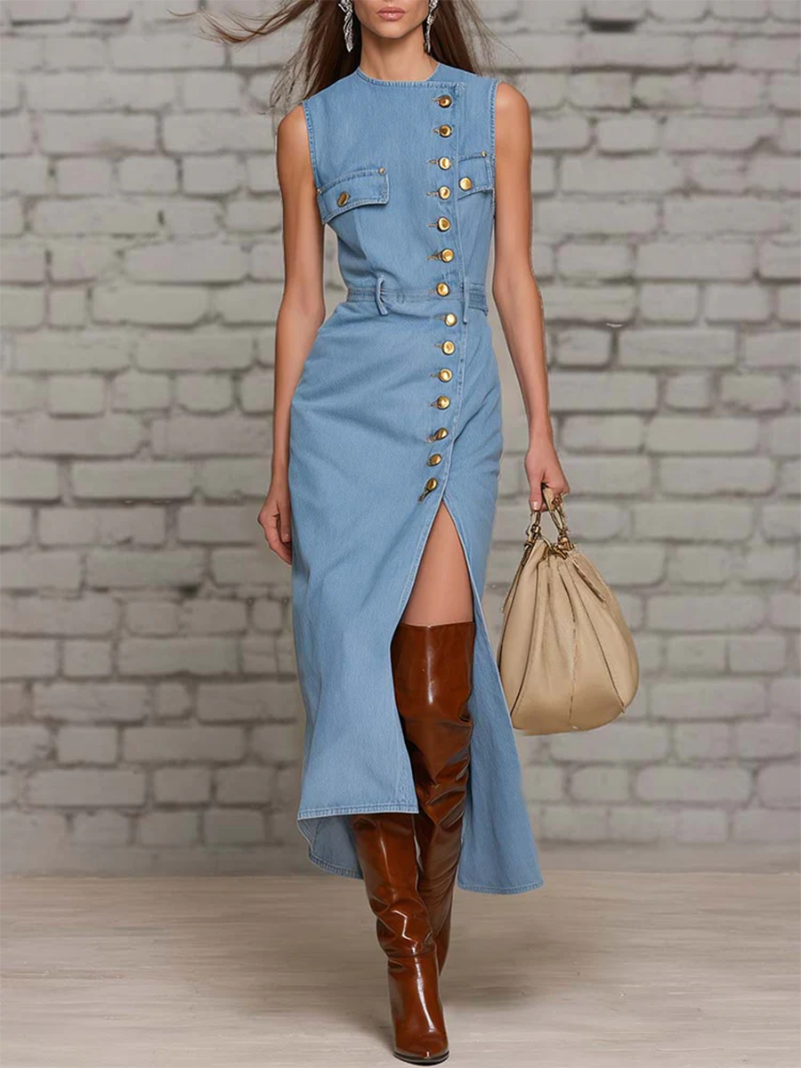 Stylish Button Slit-design Denim Dress