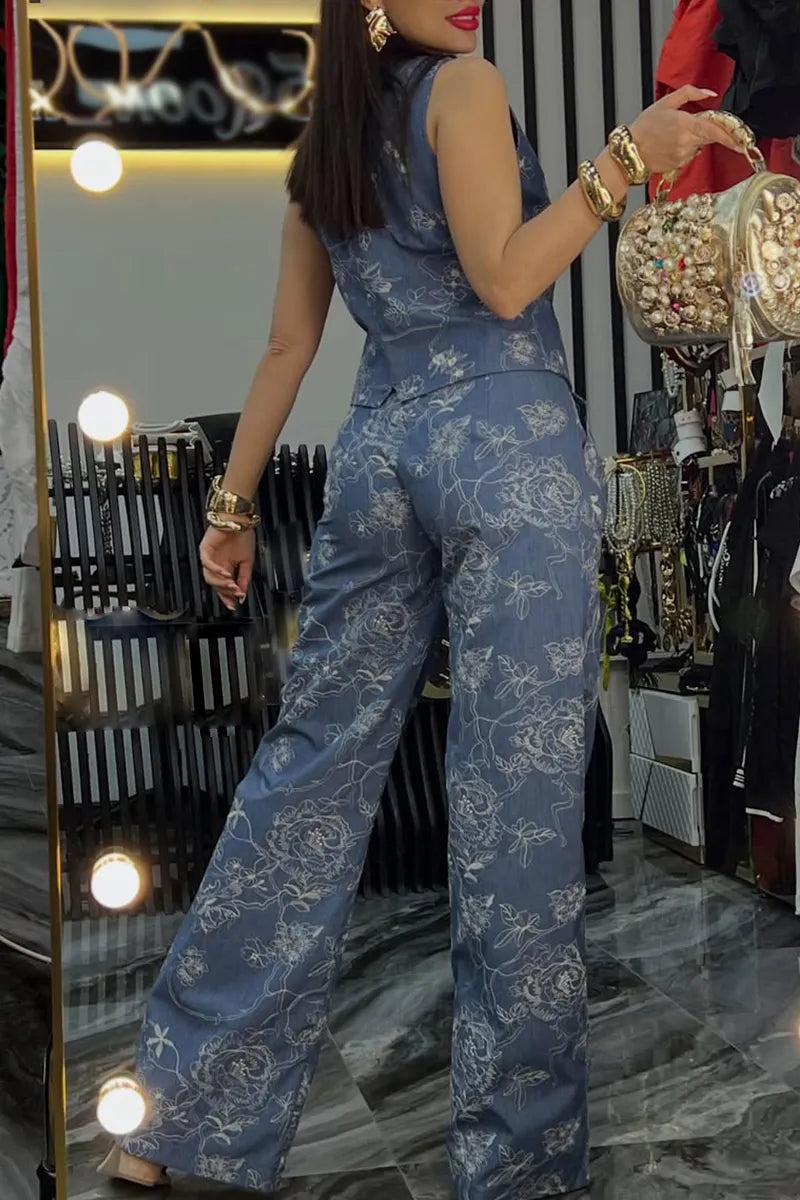Women V-neck Sleeveless Printed Top and Pants Casual Set