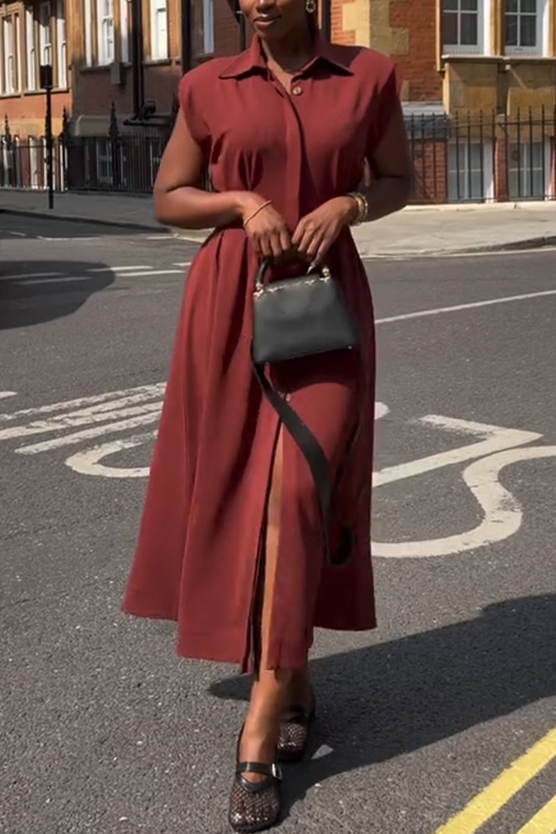 Women's Casual Dress with Lapel and Waist Cinched Buckle