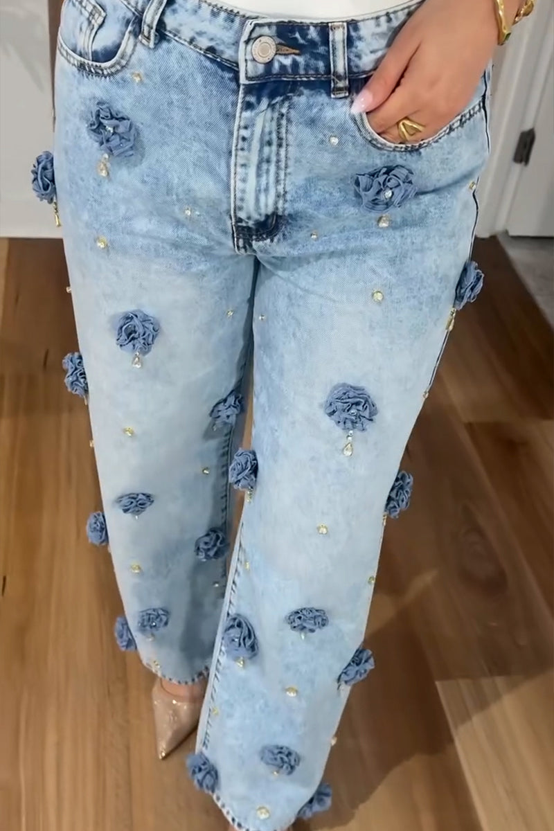 Women's Casual Flower Rhinestone Decoration Straight Jeans