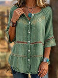 Vintage Floral Print Casual 3/4 Sleeves Hollow Denim Shirt