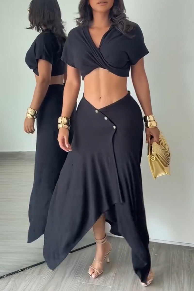 Women's Casual Short Top Asymmetric Hem Skirt Two-Piece Set