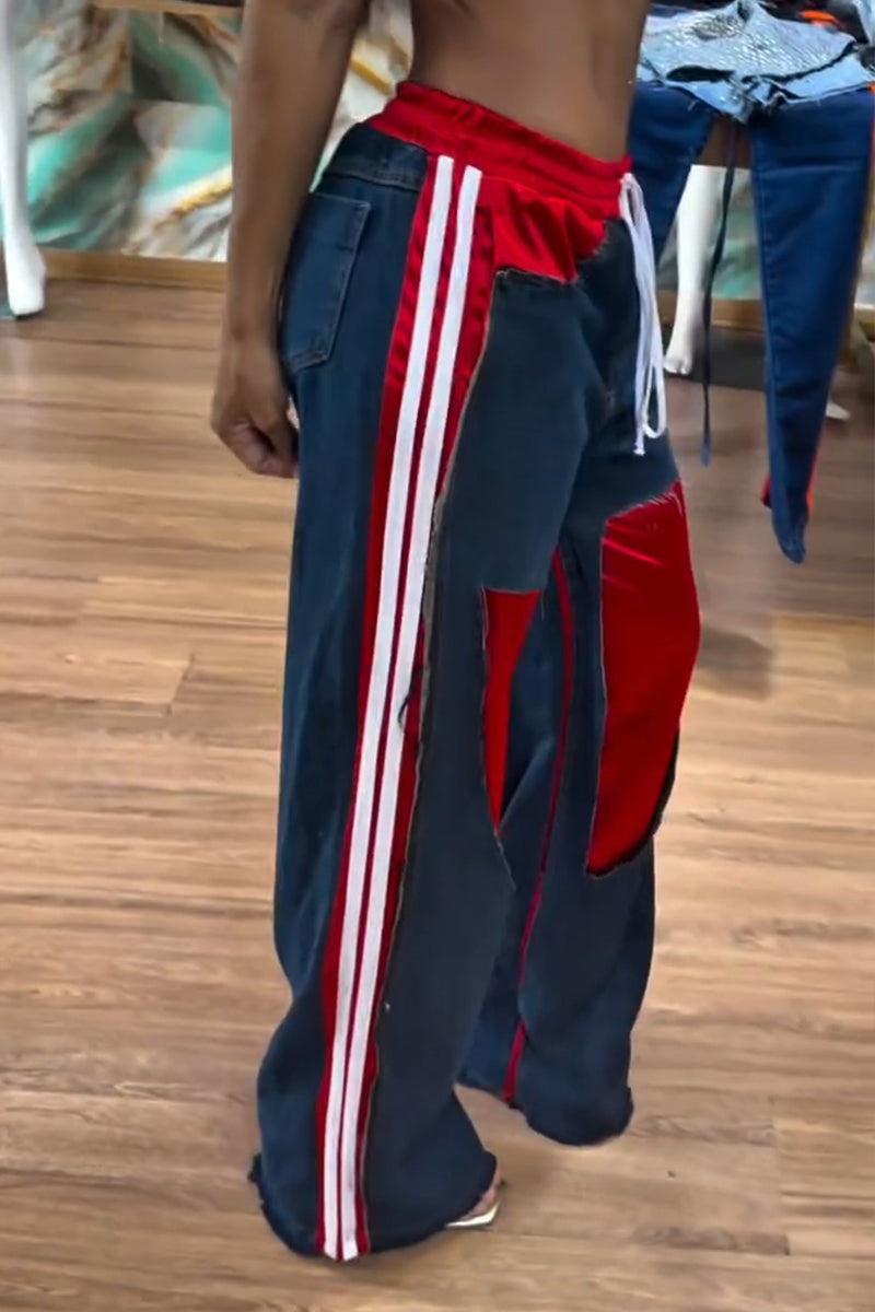 Women's Fashion Stripe Print Fabric Panel Jeans