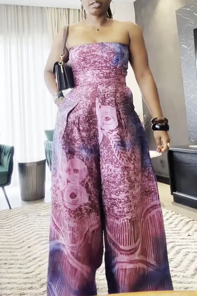Women's Strapless Printed Temperament Casual Wide Leg Jumpsuit