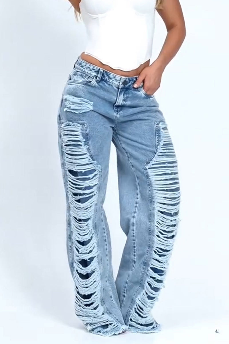 Women's Fashion Wash Ripped Decoration Wide Leg Jeans
