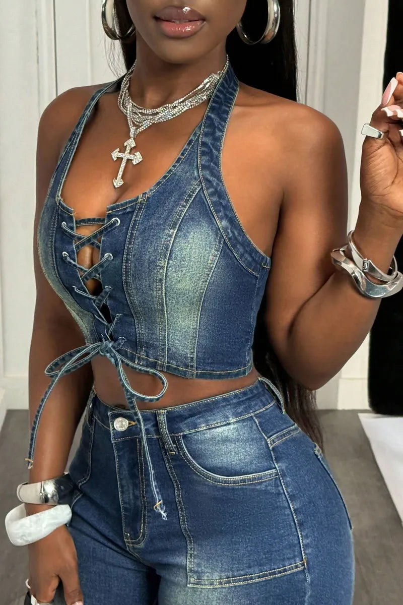 Women's Washed Denim Halter Lace-Up Crop Top Or Capri Pants