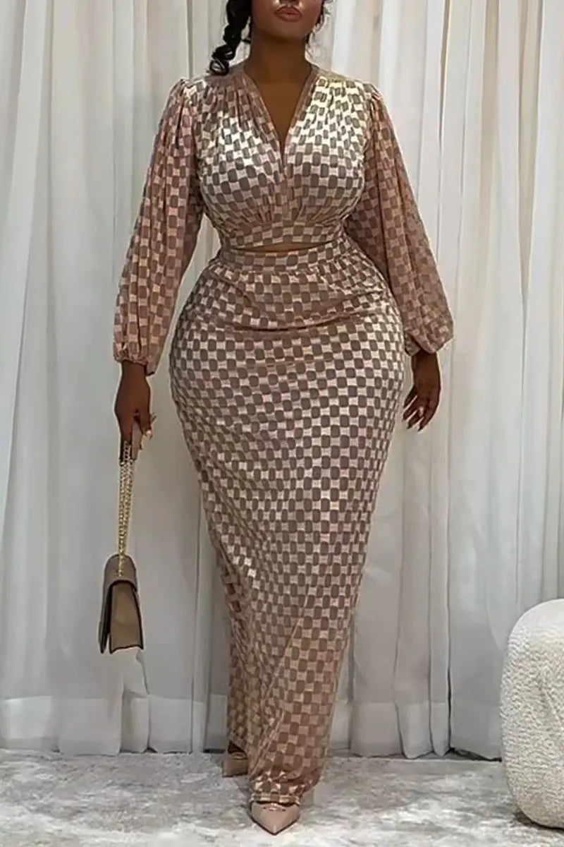 Women's V-neck Printed Top + Half Skirt Elegant Temperament Set