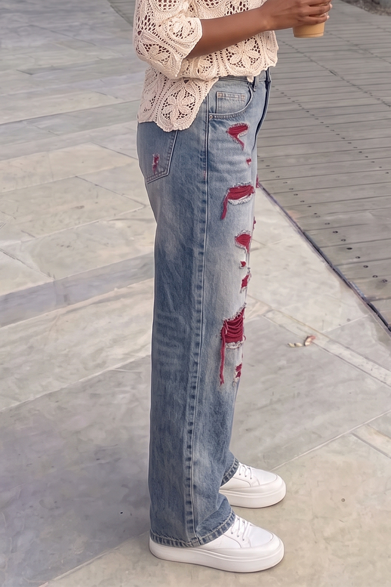 Women's Ripped Boyfriend Jeans with Red Patch Detail High Waisted Destroyed Wide Leg Denim Pants