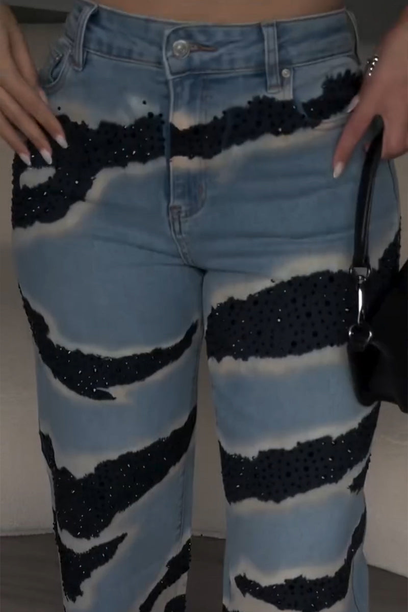 Women's Fashion Pattern Rhinestone Decoration Wide Leg Jeans