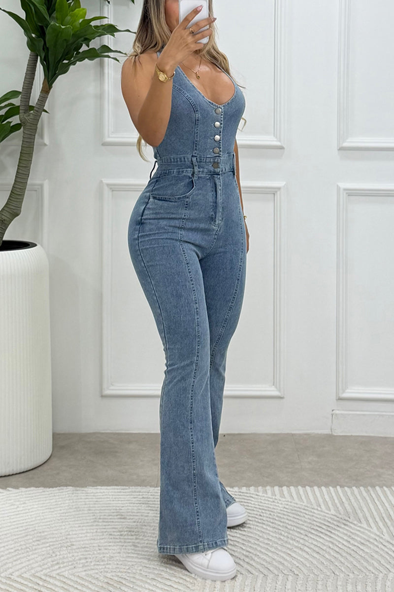 Women's Casual Slim V-Neck Button Long Denim Jumpsuit