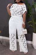 Women's Casual Burnout Pattern Cut-Out Top Pants Two-Piece Set