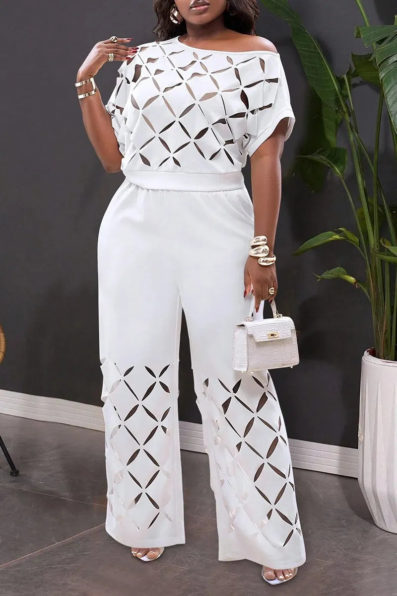 Women's Casual Burnout Pattern Cut-Out Top Pants Two-Piece Set