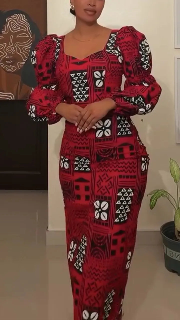 Women Square Neck Long Sleeved Waist Cinched Print Elegant Temperament Dress