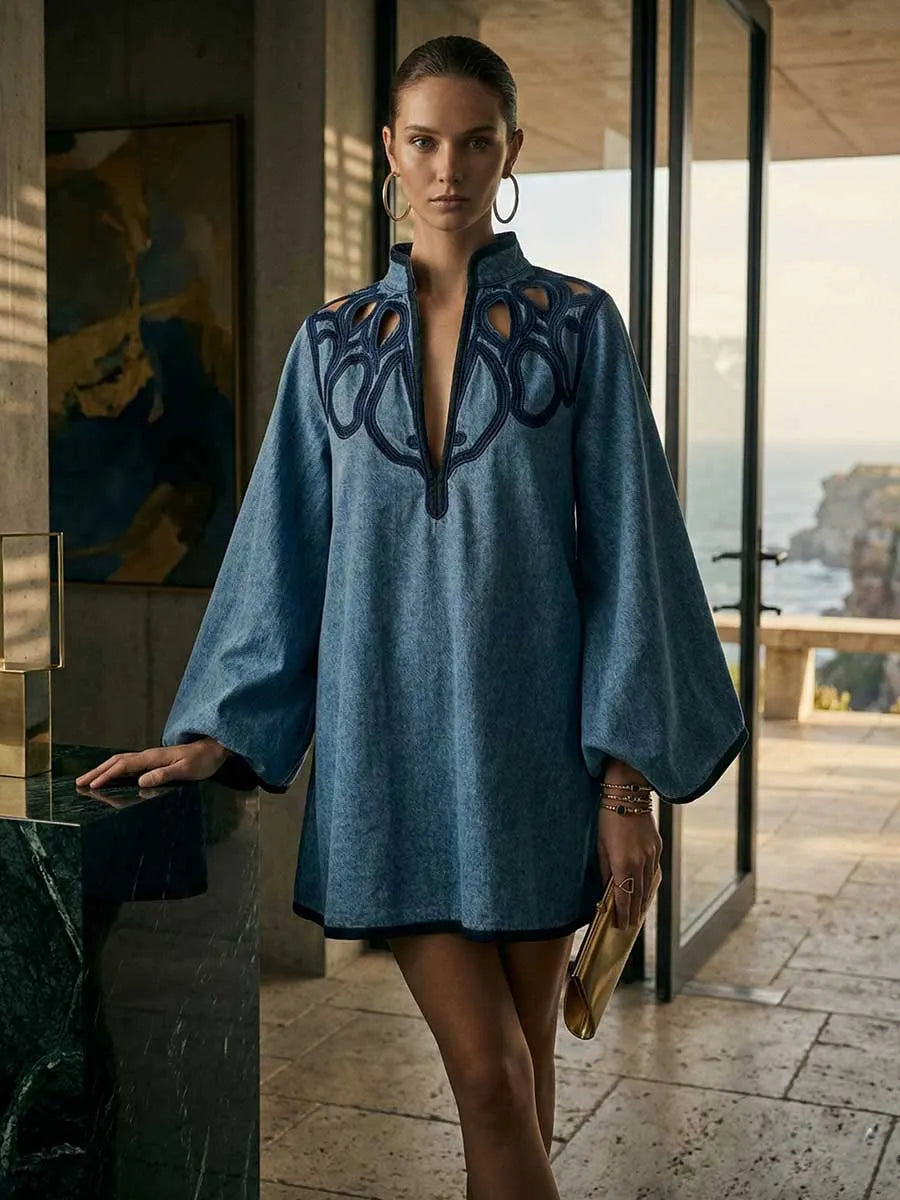 Contrast Color Hollow Split-Joint A-line Long Sleeves Stand Collar Mini Dresses