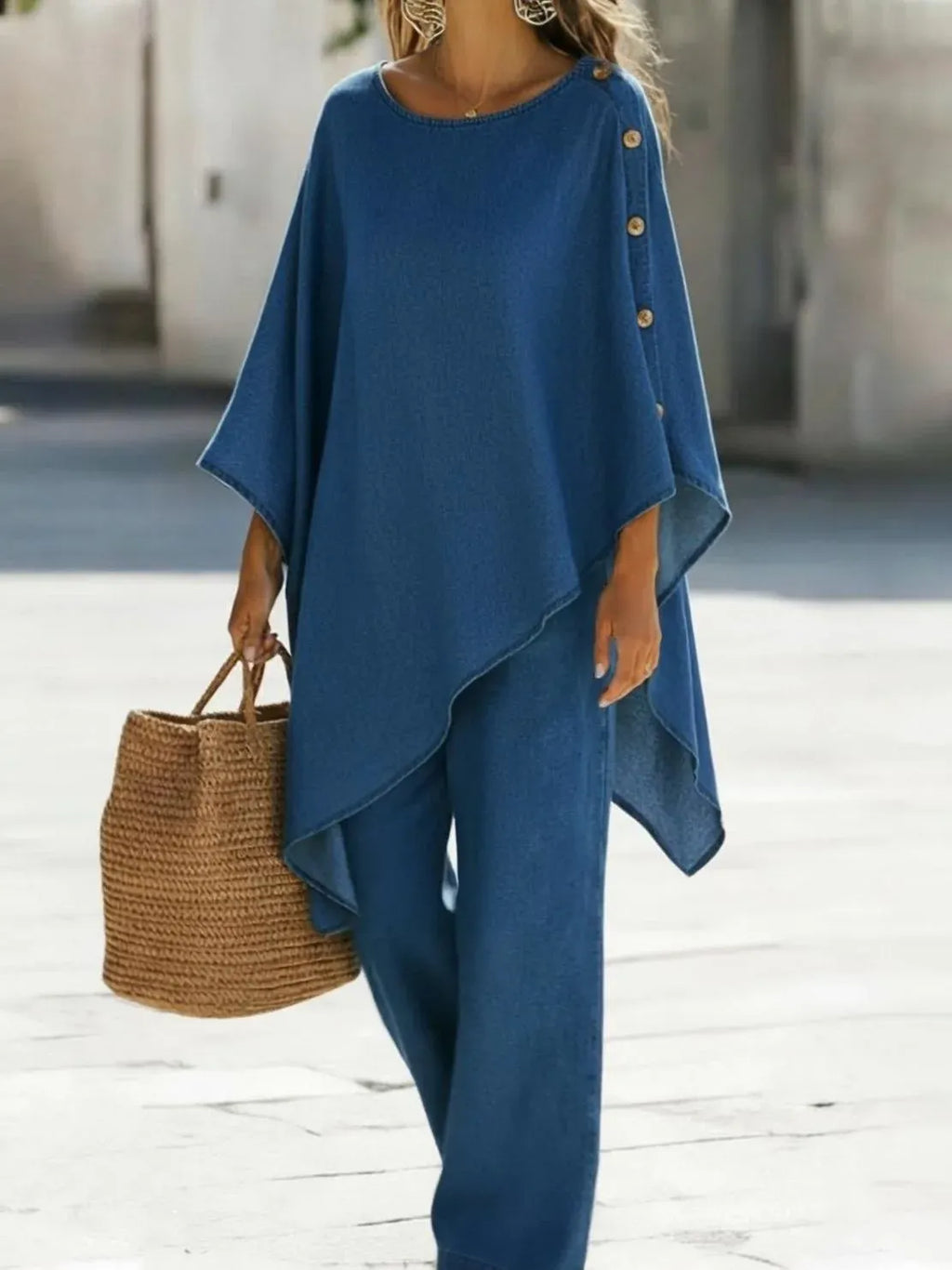 Casual Denim Button-down Top And Wide-leg Pants Two-piece Set
