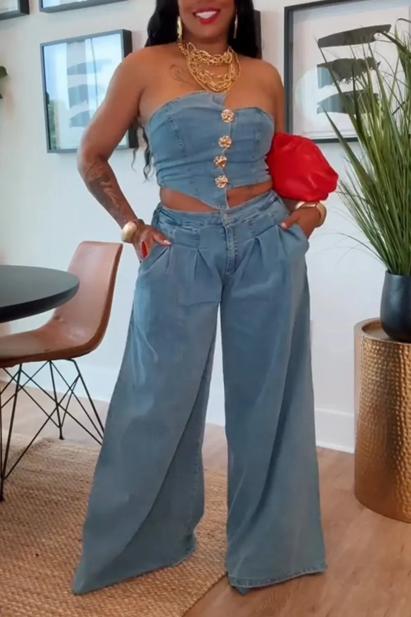 Women's Casual Button Trim Asymmetric Denim Bustier or Jeans