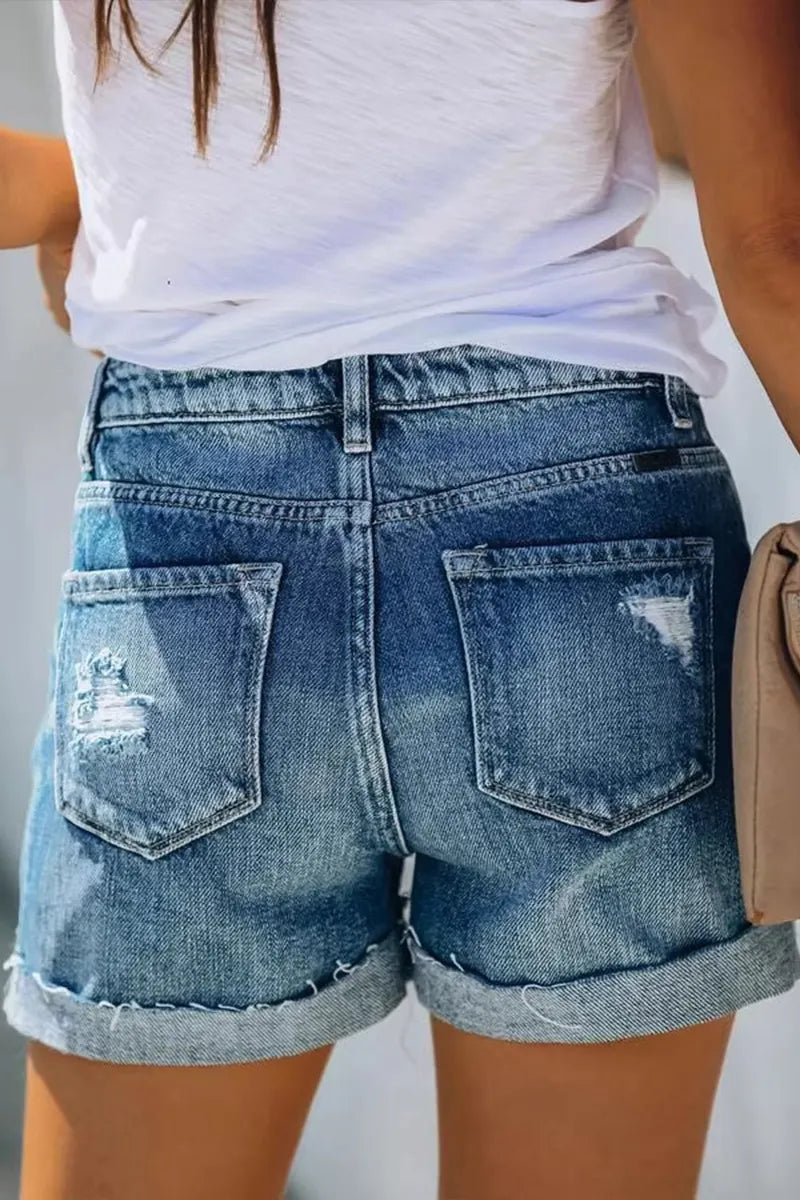 Women's Casual Button Front Ripped Rolled Hem Denim Shorts