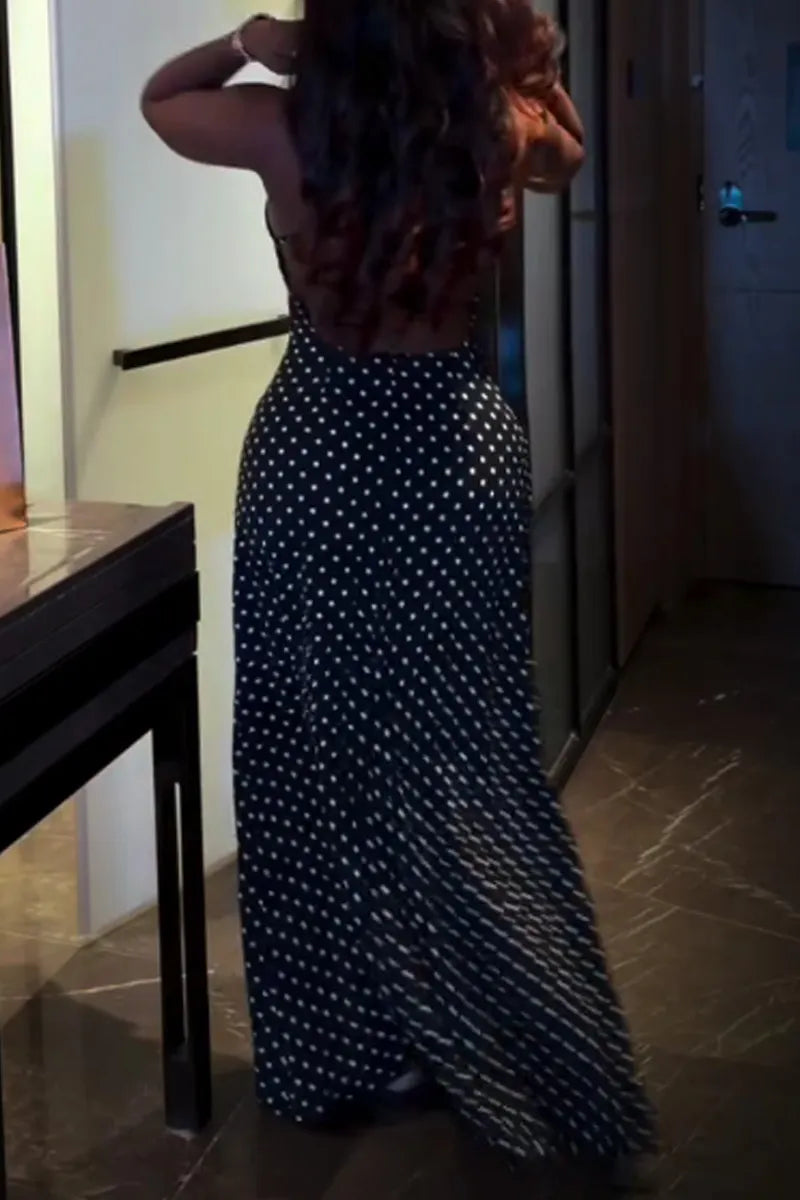 Women's Summer Casual Vintage Polka Dot Cowl Neck Thin Strap High Waist Mermaid Maxi Dress