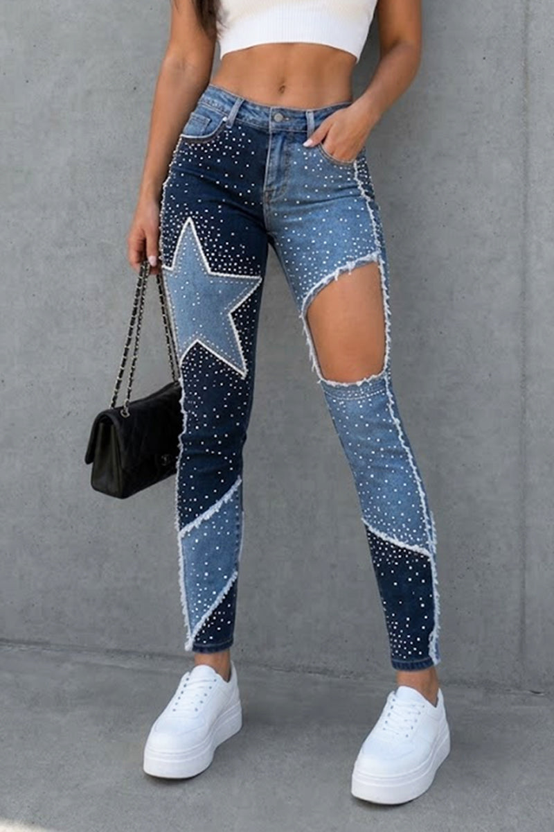 Women's Skinny Fit High Waist Denim Star Rhinestone Ripped Blue Jeans
