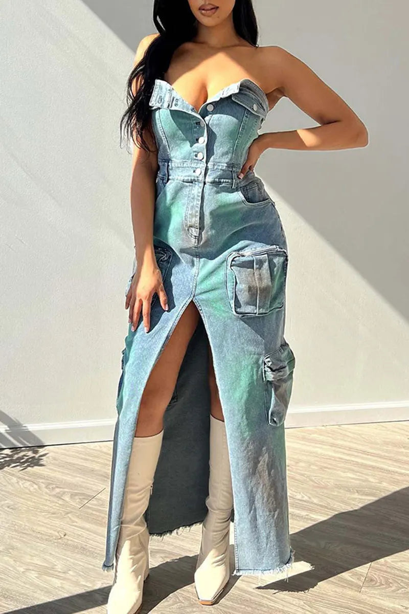 Women's Y2k Button Front Strapless Denim Dress