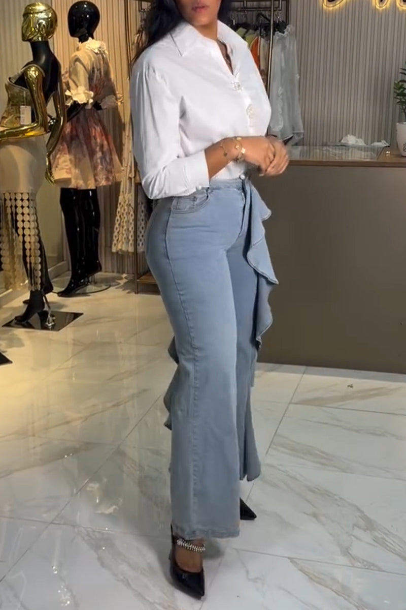 Women's Fashion One-Side Ruffle Patchwork Straight Jeans