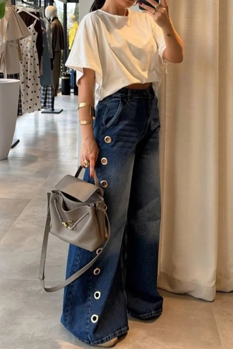Women's Fashion Metal Cutout Trim Wide Leg Jeans