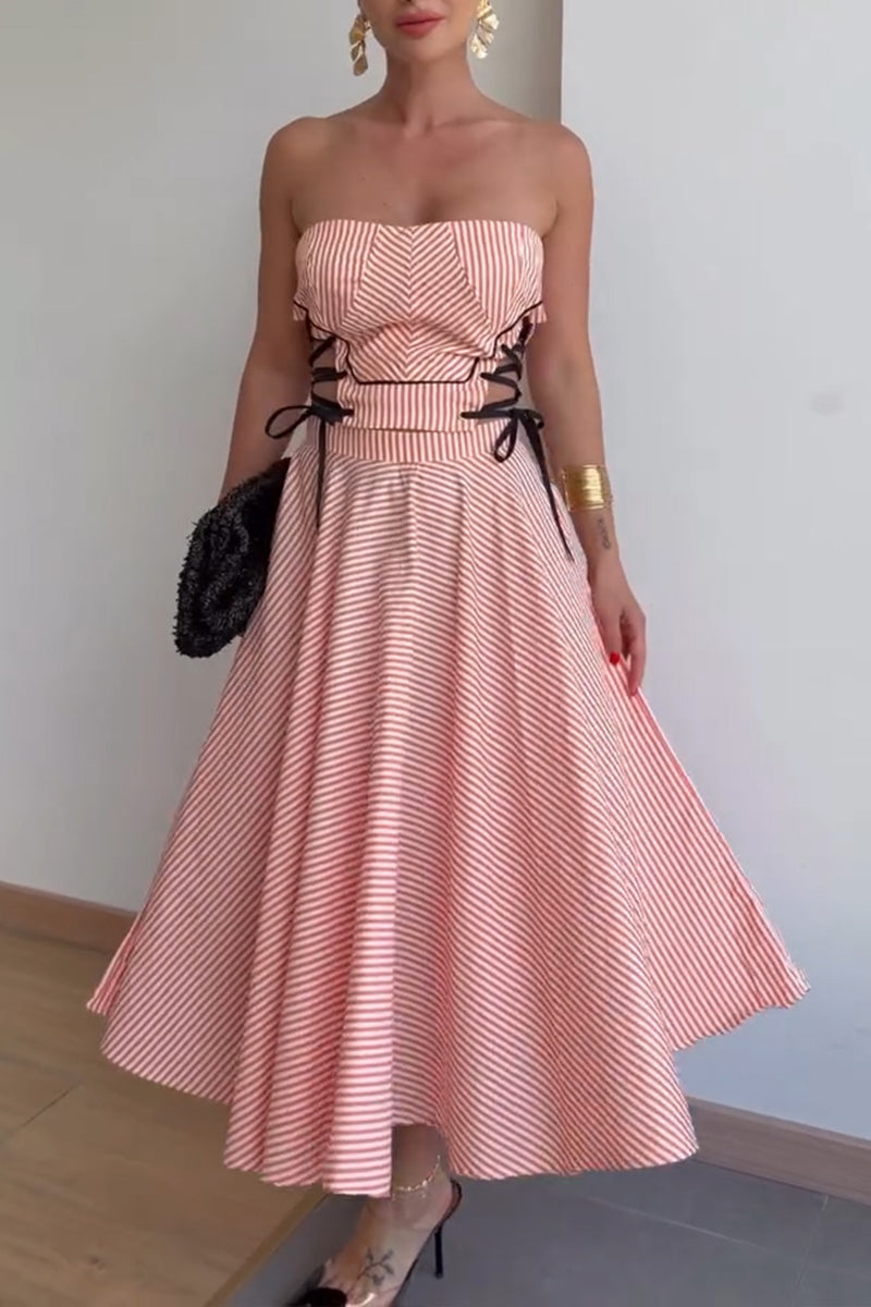 Women's Casual Vacation Side Tie Strapless A-Line Skirt Stripe Two-Piece Set