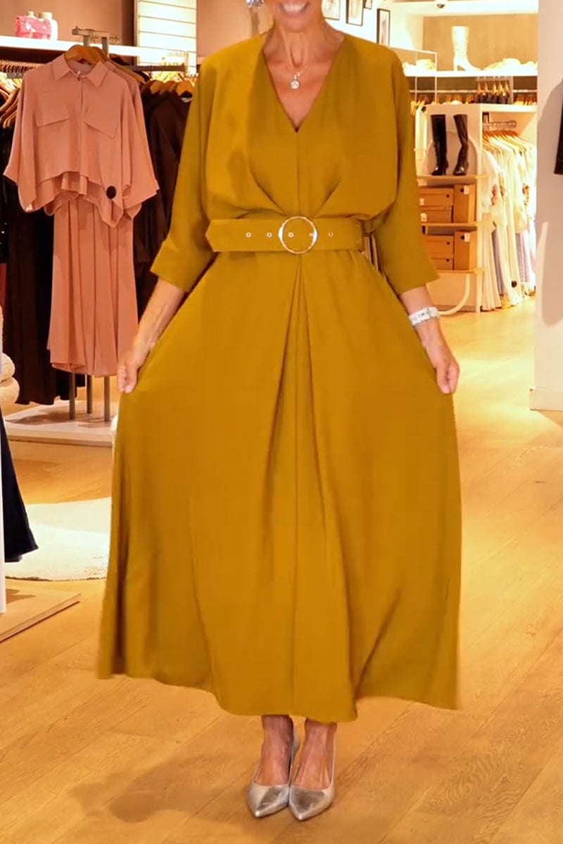 Women's V-neck Elegant Casual Solid Color Dress+ Belt