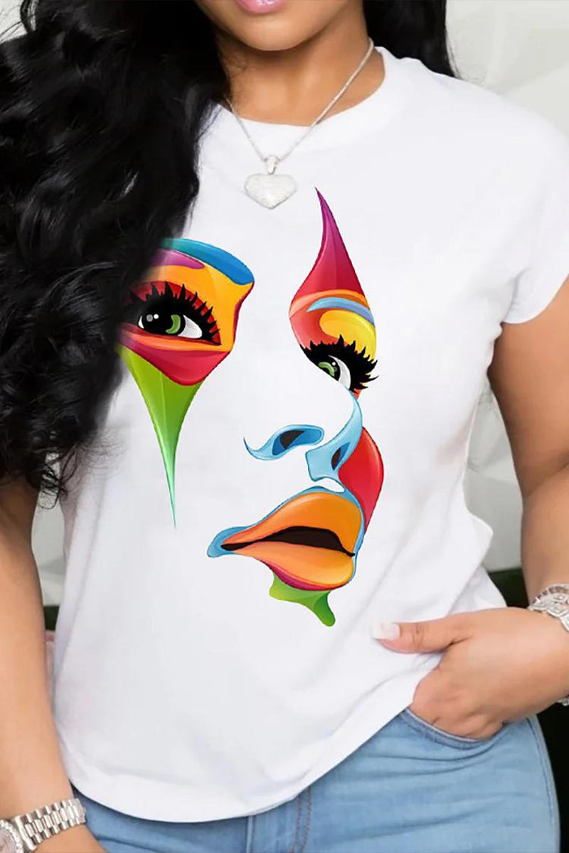 Women Round Neck Face Printed Casual T-shirt