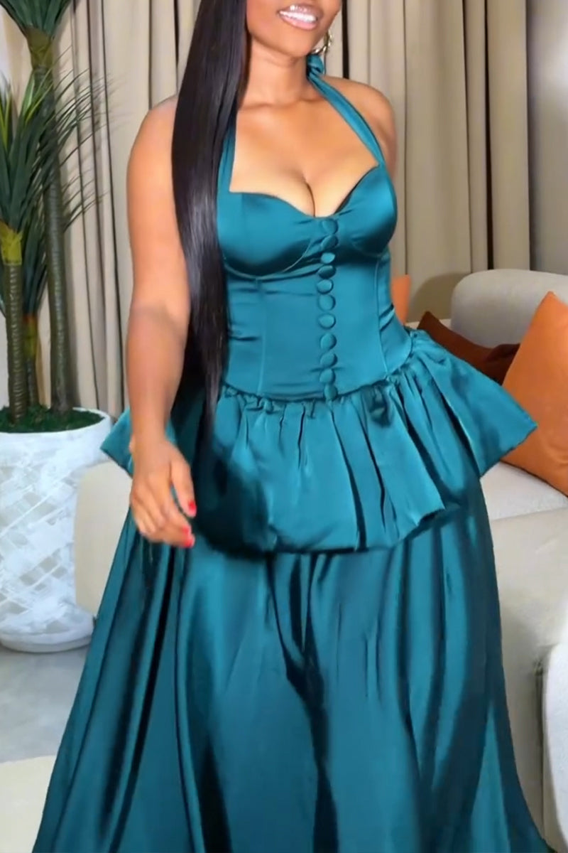 Women's Elegant Balloon Tiered Hem Tie Waist Cinching Maxi Dress