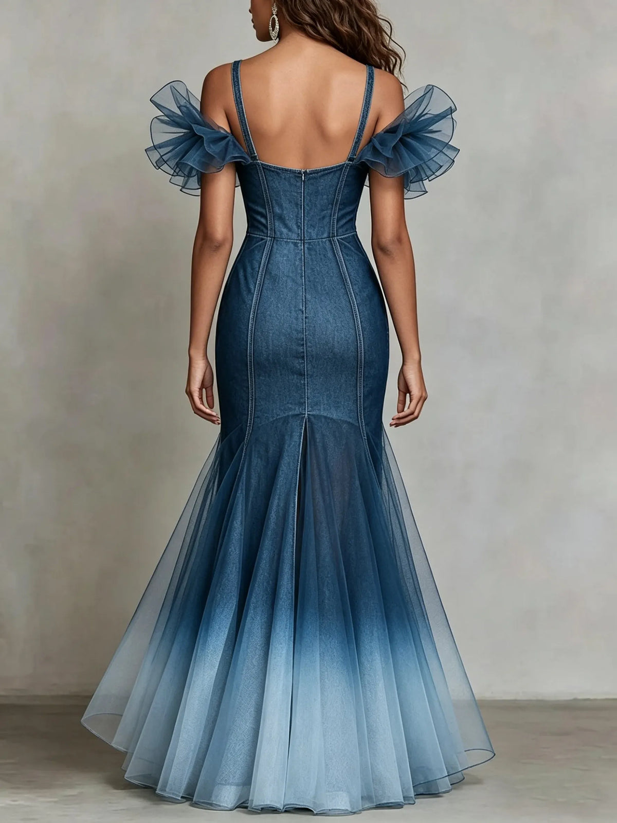 OmbrÃ© Denim And Mesh Fishtail Gown