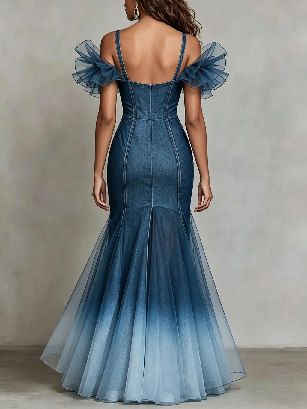 OmbrÃ© Denim And Mesh Fishtail Gown