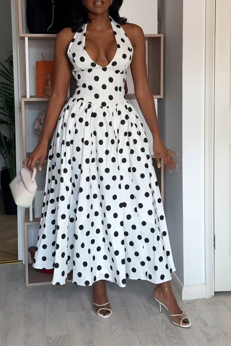 Women's Elegant V-Neck Waist Cinching Polka Dot Maxi Dress