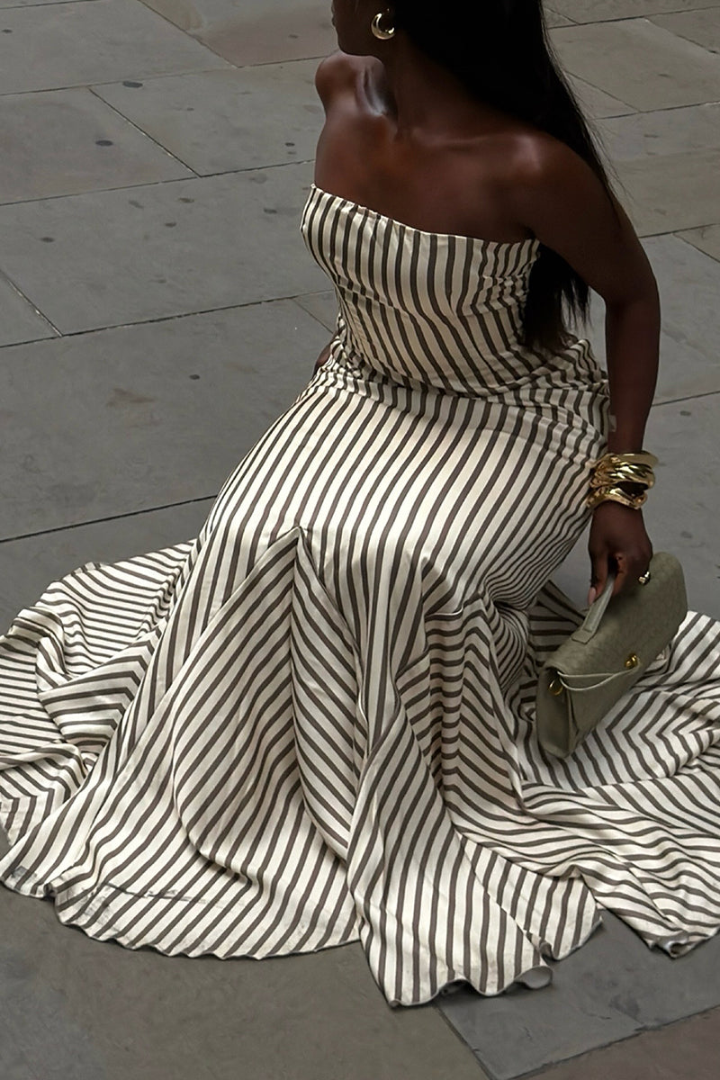 Women's Elegant Strapless Stripe Hem Patchwork Maxi Dress