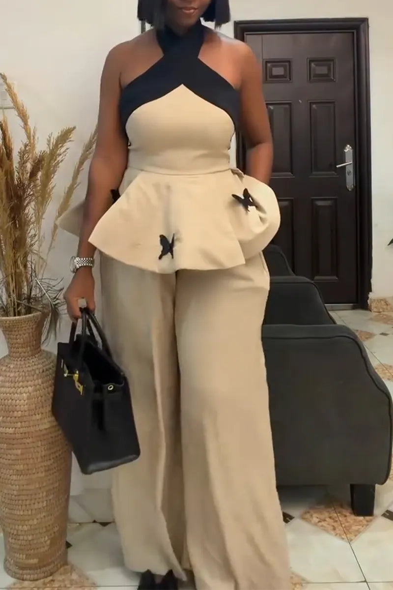 Women Neck and Waist Cinching Top+ Wide Leg Pants Casual Outfit with Temperament