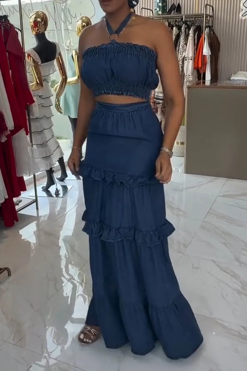 Women's Casual Halter Denim Vest or Flounce Panel Skirt