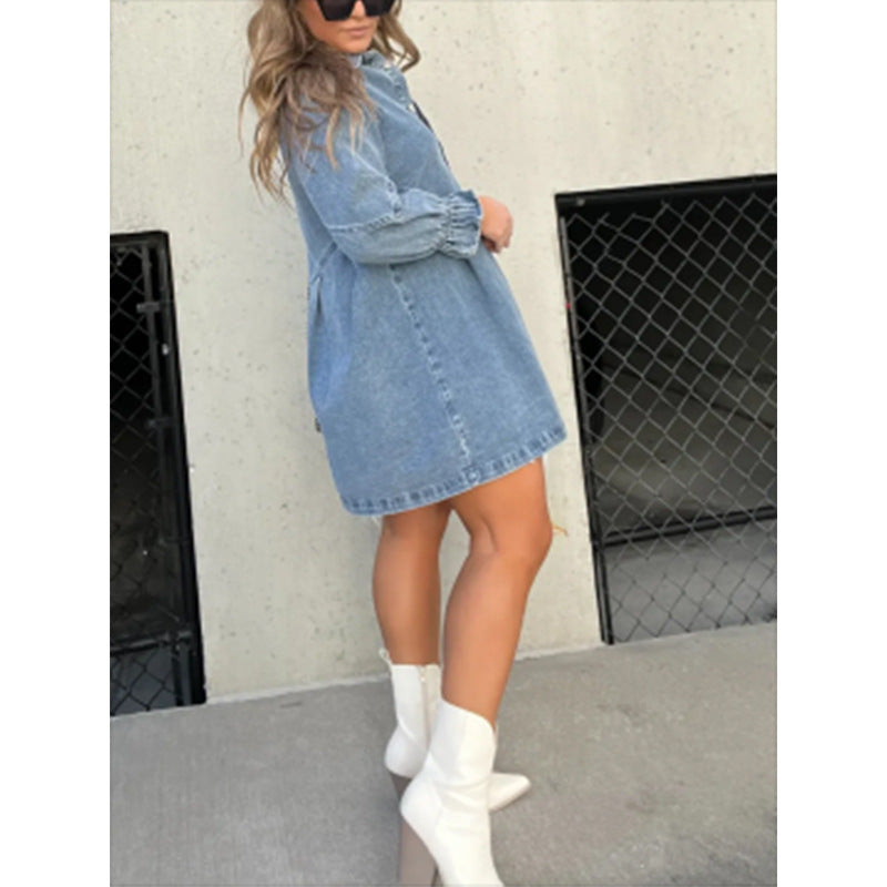 Ladies' Lapel Buckle Lantern Sleeves Casual Dress