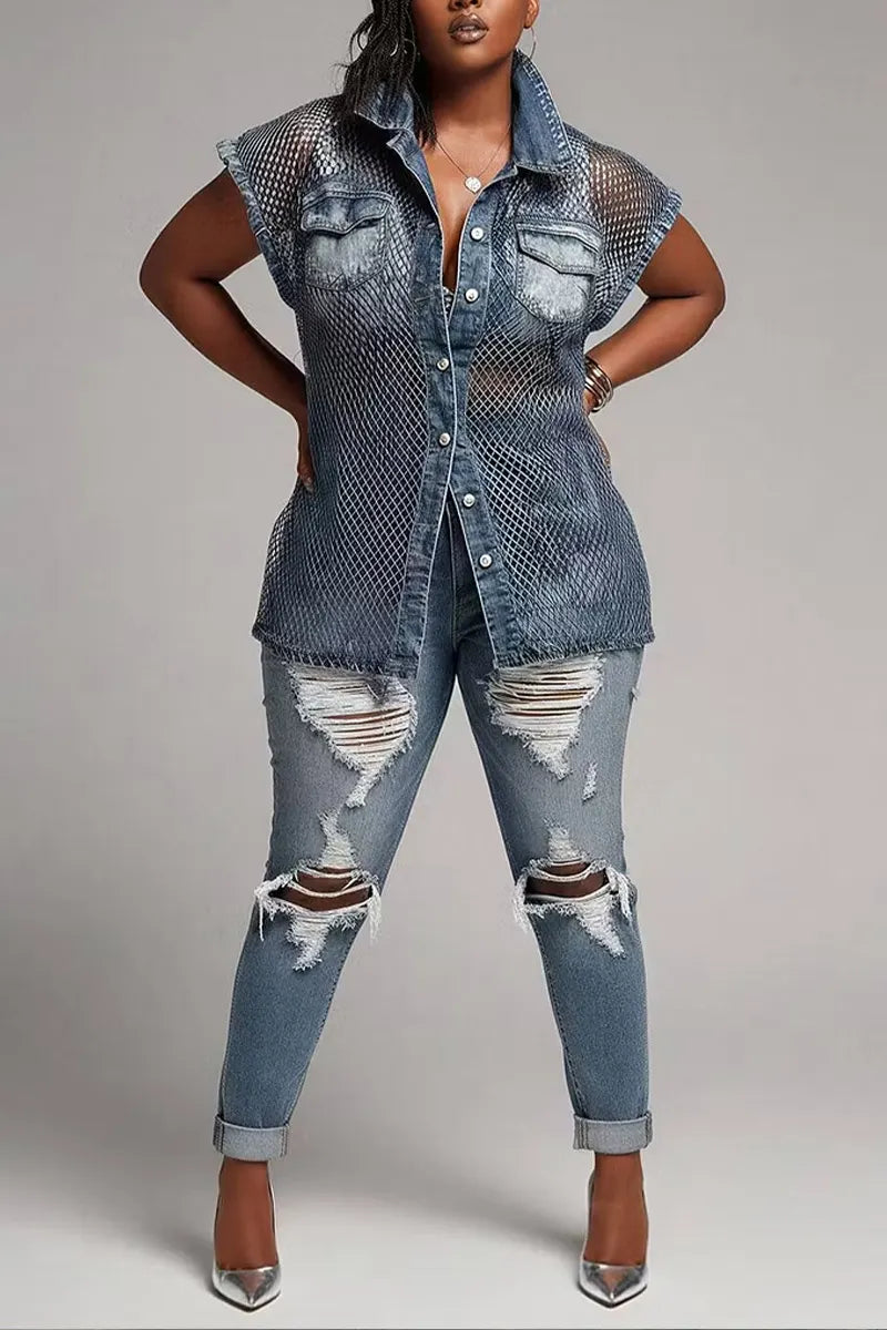 Women Casual Mesh Splice Washed Denim Sleeveless Collared Button Down Shirt
