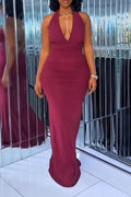 Women's Neck Hanging Solid Color Slim Fitting Elegant Temperament Dinner Party Style Dress