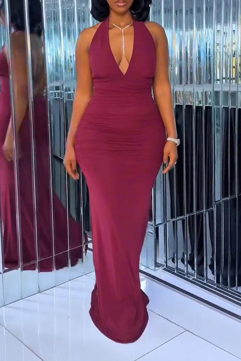 Women's Neck Hanging Solid Color Slim Fitting Elegant Temperament Dinner Party Style Dress