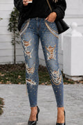 Women's Skinny Fit High Waist Denim Rhinestone Studded Ripped Blue Jeans