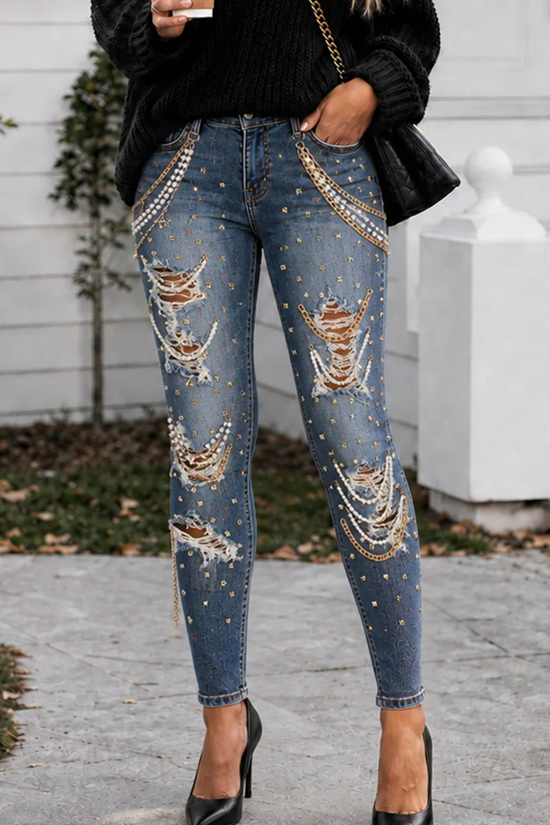 Women's Skinny Fit High Waist Denim Rhinestone Studded Ripped Blue Jeans
