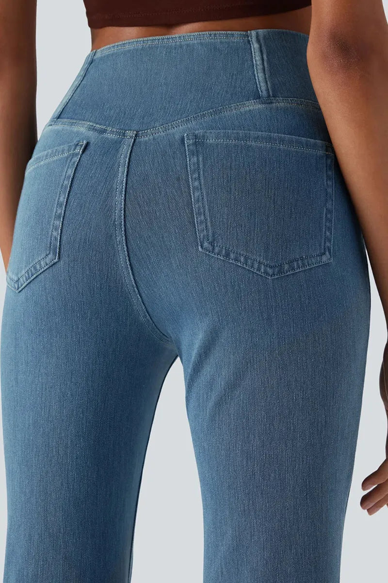 Women's High Waist Cross Over Flared Jeans With Elegant Draping