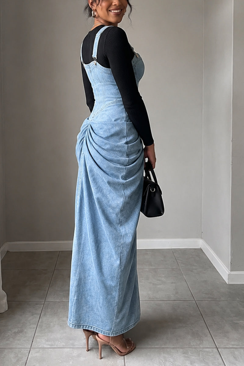 Women's Chic Adjustable Strap Ruched Front Light Blue Denim Maxi Overall Dress